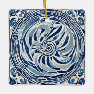 Ornamento De Cerâmica Padrão de espiral branco azul 02