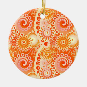 Ornamento De Cerâmica Padrão de espiral frontal, tons de laranja coral
