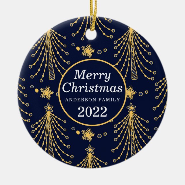 Ornamento De Cerâmica Padrão de Estrela de Árvore de Natal Dourada Azul  (Frente)