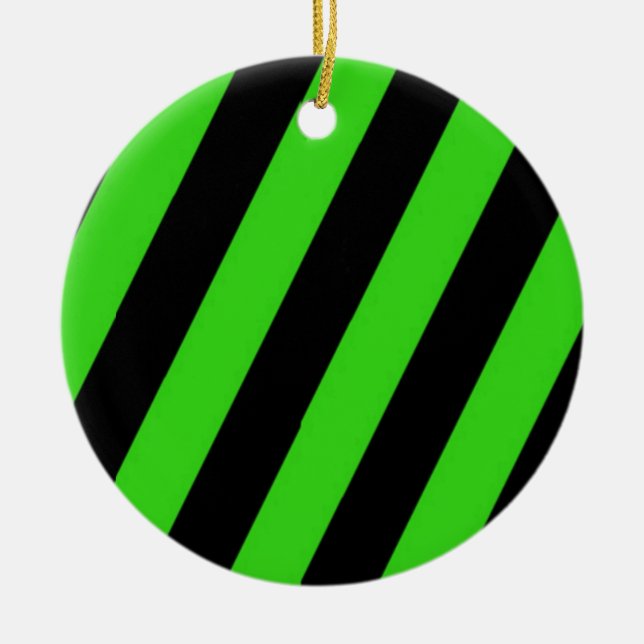 Ornamento De Cerâmica Padrão de faixas diagonais verdes e pretas (Frente)