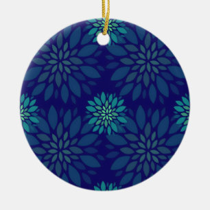 Ornamento De Cerâmica Padrão de Folhas Florais Azul Naval e Verde Modern