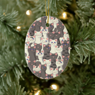 Ornamento De Cerâmica Padrão de gatos brancos e cinzas