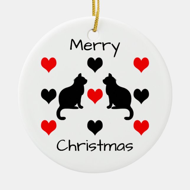Ornamento De Cerâmica Padrão de gatos e corações (Frente)