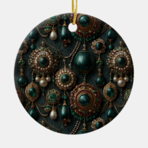 Ornamento De Cerâmica Padrão de Joias de Esmeralda e Pérola Vintage de L
