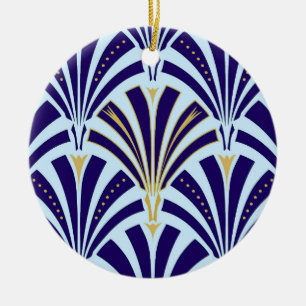 Ornamento De Cerâmica padrão de leque Art Deco - cobalto e azul céu