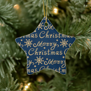 Ornamento De Cerâmica Padrão de Letra de Natal de Merry Dourado e Azul
