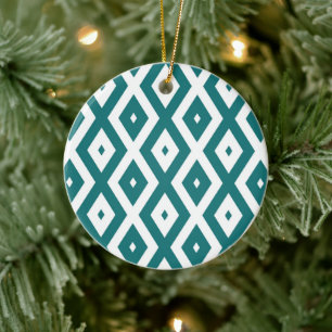 Ornamento De Cerâmica Padrão de losango branco e teal