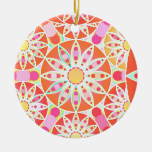 Ornamento De Cerâmica Padrão de mandala, vermelho de coral, rosa, ouro