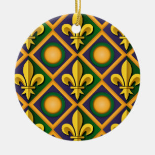Ornamento De Cerâmica padrão de Mardi grass com flor-de-lis dourada