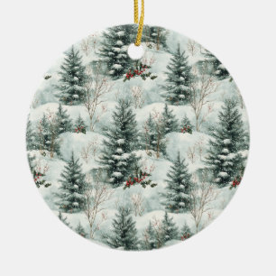 Ornamento De Cerâmica Padrão de Natal com Floresta Nevada e Pinheiros