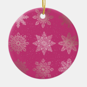 Ornamento De Cerâmica Padrão de Natal do Floco de Neve Rosa e Rosa