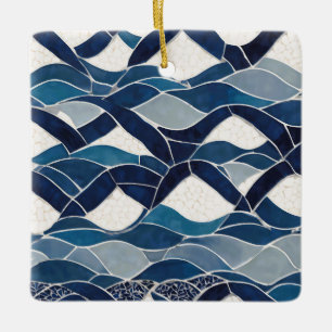 Ornamento De Cerâmica Padrão de onda branca azul 01