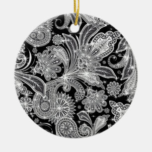 Ornamento De Cerâmica Padrão de Paisley Preto e Branco