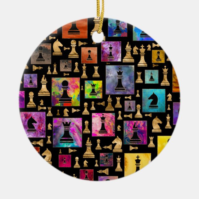 Ornamento De Cerâmica Padrão de peças de xadrez - Tinta e Dourado (Frente)
