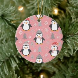 Ornamento De Cerâmica Padrão de Pinguins de Natal Rosa Cinza