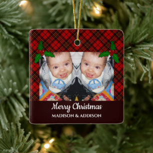 Ornamento De Cerâmica Padrão de tartã de Natal Vermelho Personalizar fot