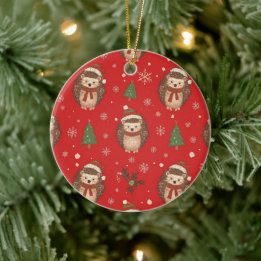 Ornamento De Cerâmica Padrão deouriços-cacheiros fofos de Natal Vermelho