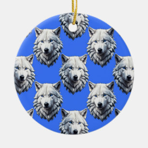 Ornamento De Cerâmica Padrão Design Azul da Cabeça do Lobo Branco