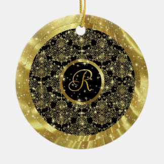 Ornamento De Cerâmica Padrão Dourado e Sparkles-Personalizado Inicial