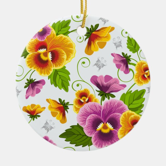 Ornamento De Cerâmica Padrão floral amarelo e rosa (Frente)