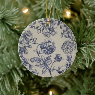 Ornamento De Cerâmica Padrão Floral Botânico Toile Azul Vintage