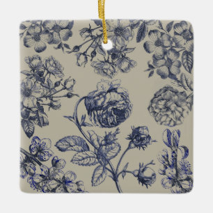 Ornamento De Cerâmica Padrão Floral Botânico Toile Azul Vintage