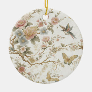 Ornamento De Cerâmica Padrão Floral Chinês Vintage com Beija-flor