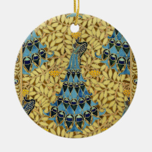 Ornamento De Cerâmica Padrão Floral de Pavão Azul Art Nouveau Antigo