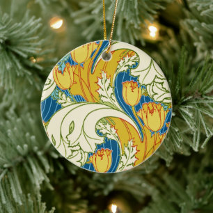 Ornamento De Cerâmica Padrão Floral Verde Dourado Azul da Tulip Vintage 