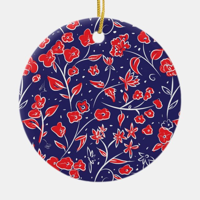 Ornamento De Cerâmica Padrão Floral Vermelho e Azul (Frente)