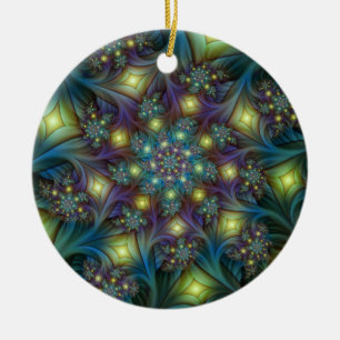 Ornamento De Cerâmica Padrão fractal azul roxo moderno iluminado