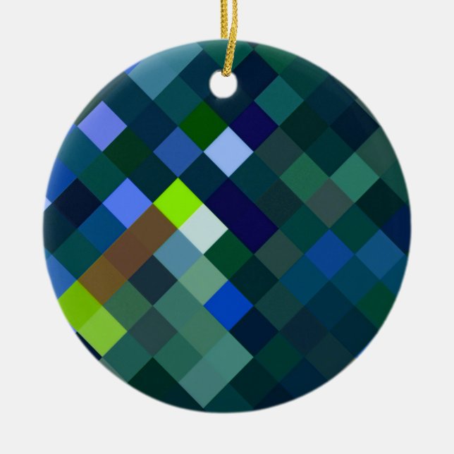 Ornamento De Cerâmica Padrão ixelado - Azul (Frente)