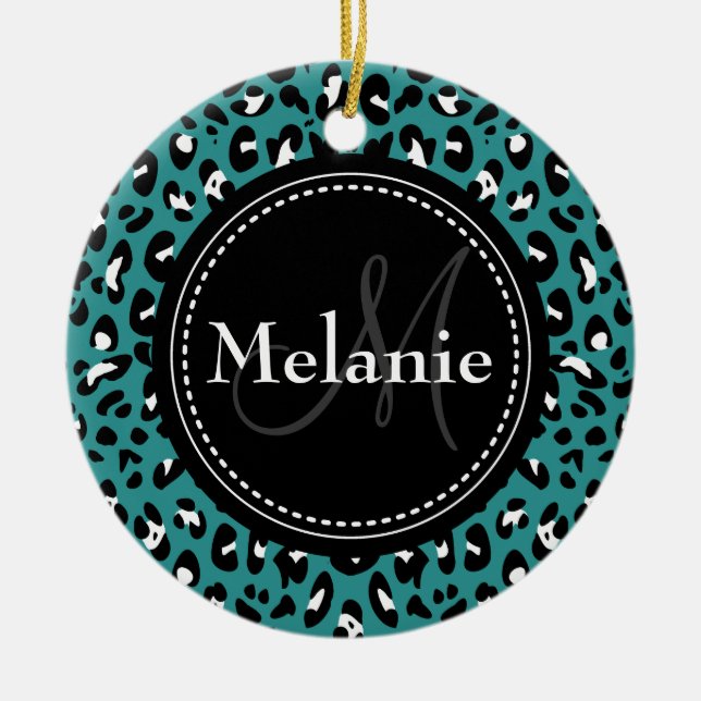 Ornamento De Cerâmica Padrão-Leopardo Branco Preto-Teal Monograma (Frente)
