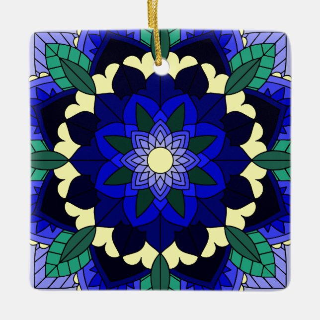 Ornamento De Cerâmica Padrão Mandala 02 em azul escuro (Frente)