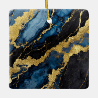 Ornamento De Cerâmica Padrão Marble Azul com Dourado