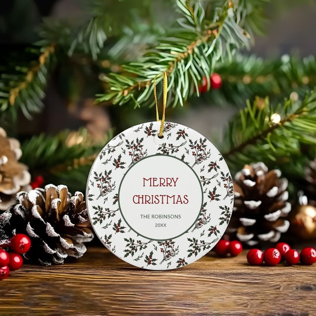 Ornamento De Cerâmica Padrão Moderno das Berries Botânicas de Natal Holl (Christmas Holly Plant Berries Ornament)