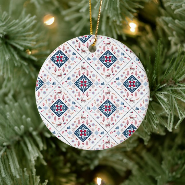 Ornamento De Cerâmica Padrão nórdico de Natal, flocos de neve e renas (Árvore)