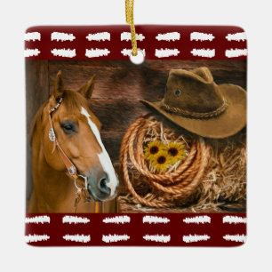 Ornamento De Cerâmica Padrão Ocidental do Hat Lasso do Horse Cowboy 