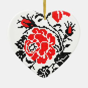Ornamento De Cerâmica Padrão Russo Rosa vermelho&preto