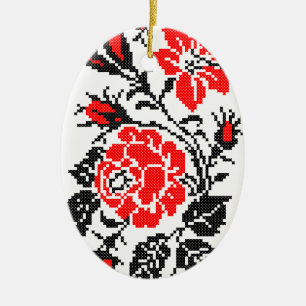 Ornamento De Cerâmica Padrão Russo Rosa vermelho&preto