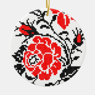 Ornamento De Cerâmica Padrão Russo Rosa vermelho&preto