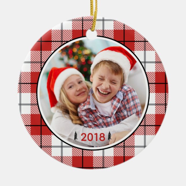 Ornamento De Cerâmica Padrão Rustic Country Red White & Black Flannel (Frente)