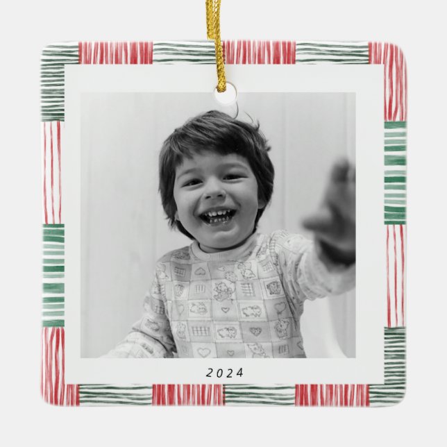 Ornamento De Cerâmica Padrão Uma Foto de Faixa Verde Vermelha (Frente)