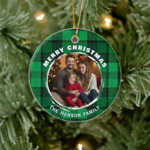 Ornamento De Cerâmica Padrão Xadrez Personalizado Verde com Foto da Famí