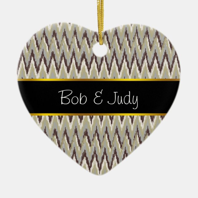 Ornamento De Cerâmica Padrão ZigZag do Café e Sage (Frente)