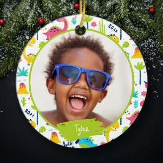 Ornamento De Cerâmica Padrões Coloridos do Dinossauro Nome do Criança Fo