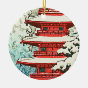 Ornamento De Cerâmica Pagode na Neve Kawase Hasui shin hanga arte