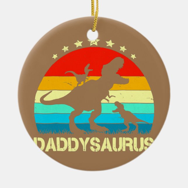 Ornamento De Cerâmica Pai Dinossauro Daddysaurus 2 Dois Filhos Pai (Frente)