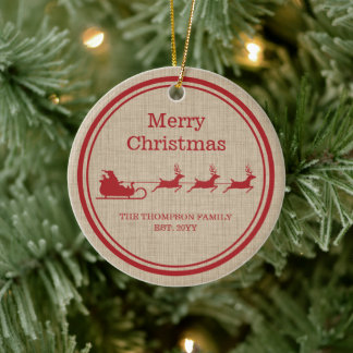 Ornamento De Cerâmica Pai Natal Vermelho e Bege Trenó Natal & Nome da Fa