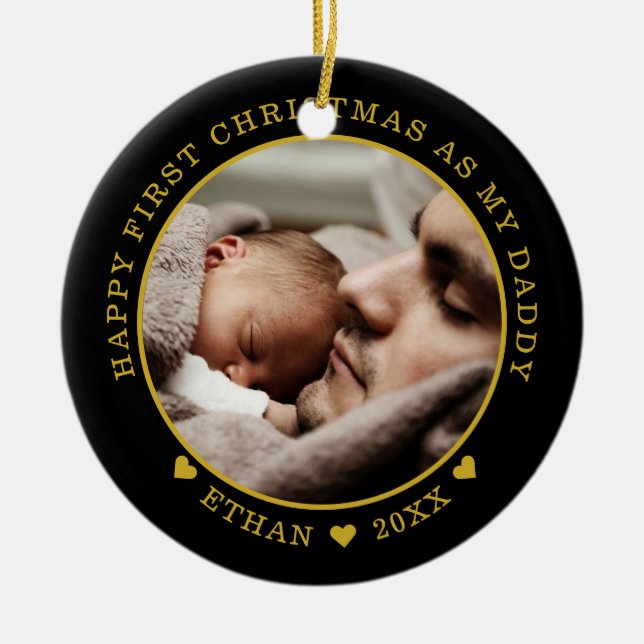 Ornamento De Cerâmica Pai Personalizado e primeira foto de Natal do bebê (Frente)